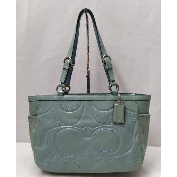 Coach Blue Patent Leather Signature C Embossed Double Handles Pockets Tote Bag - Picture 1 of 16
